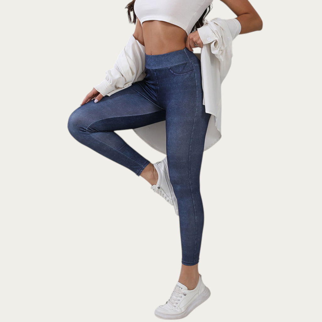 Anna-Kaci Women¡¯s High Waist Denim Look Leggings with Smooth Stretch Fabric Faux Pocket Details and Sleek Contoured Fit
