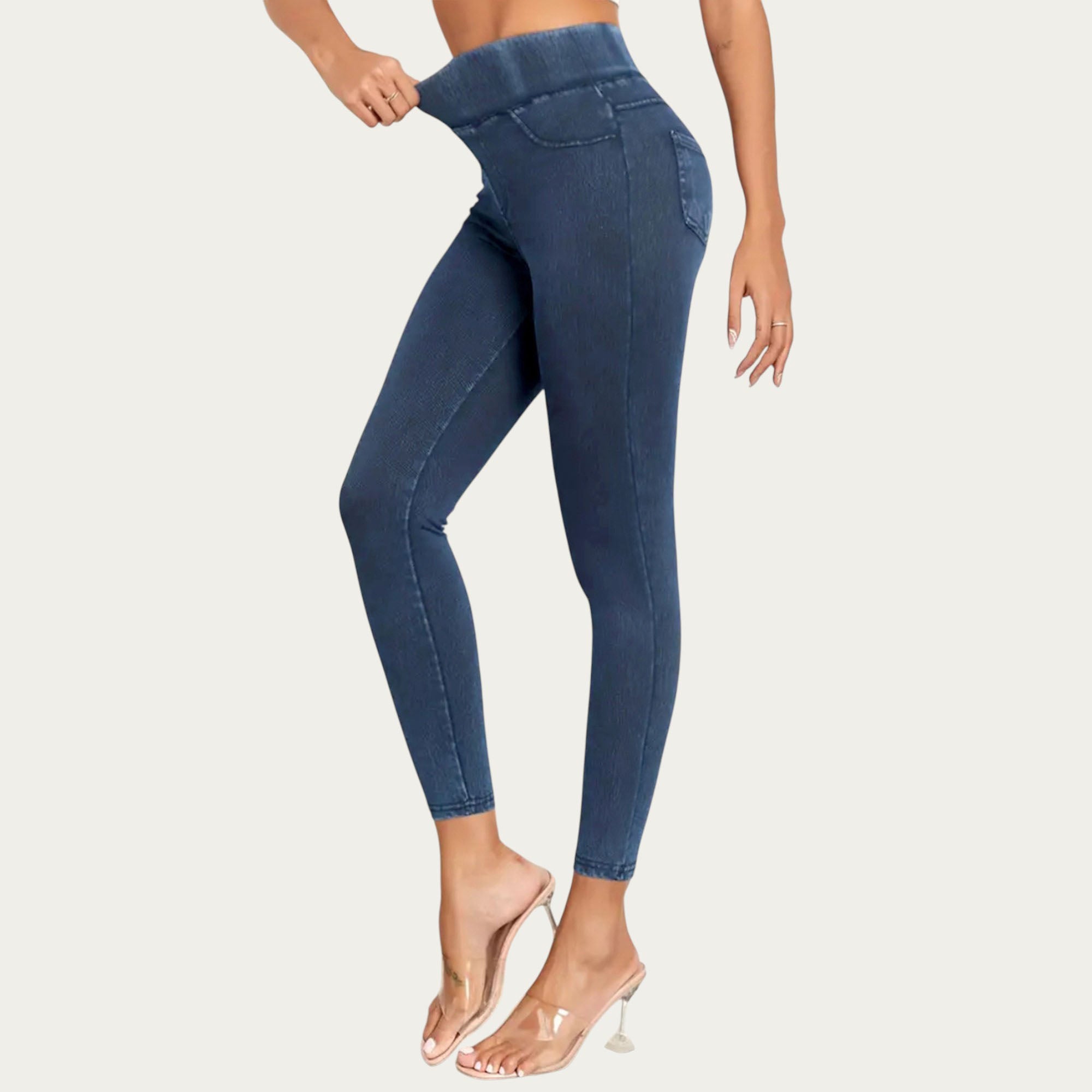 Anna-Kaci Women¡¯s High Waist Denim Look Leggings with Smooth Stretch Fabric Faux Pocket Details and Sleek Contoured Fit