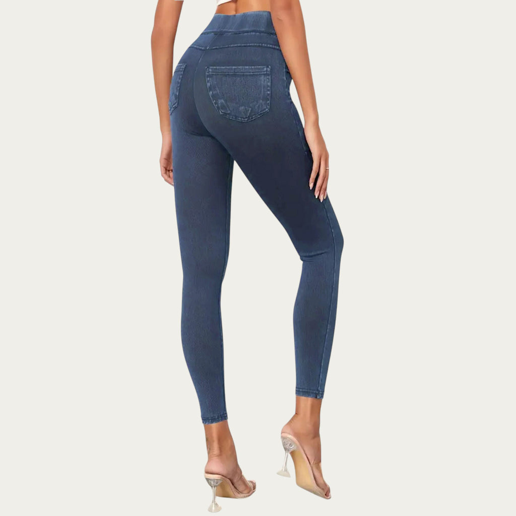 Anna-Kaci Women¡¯s High Waist Denim Look Leggings with Smooth Stretch Fabric Faux Pocket Details and Sleek Contoured Fit