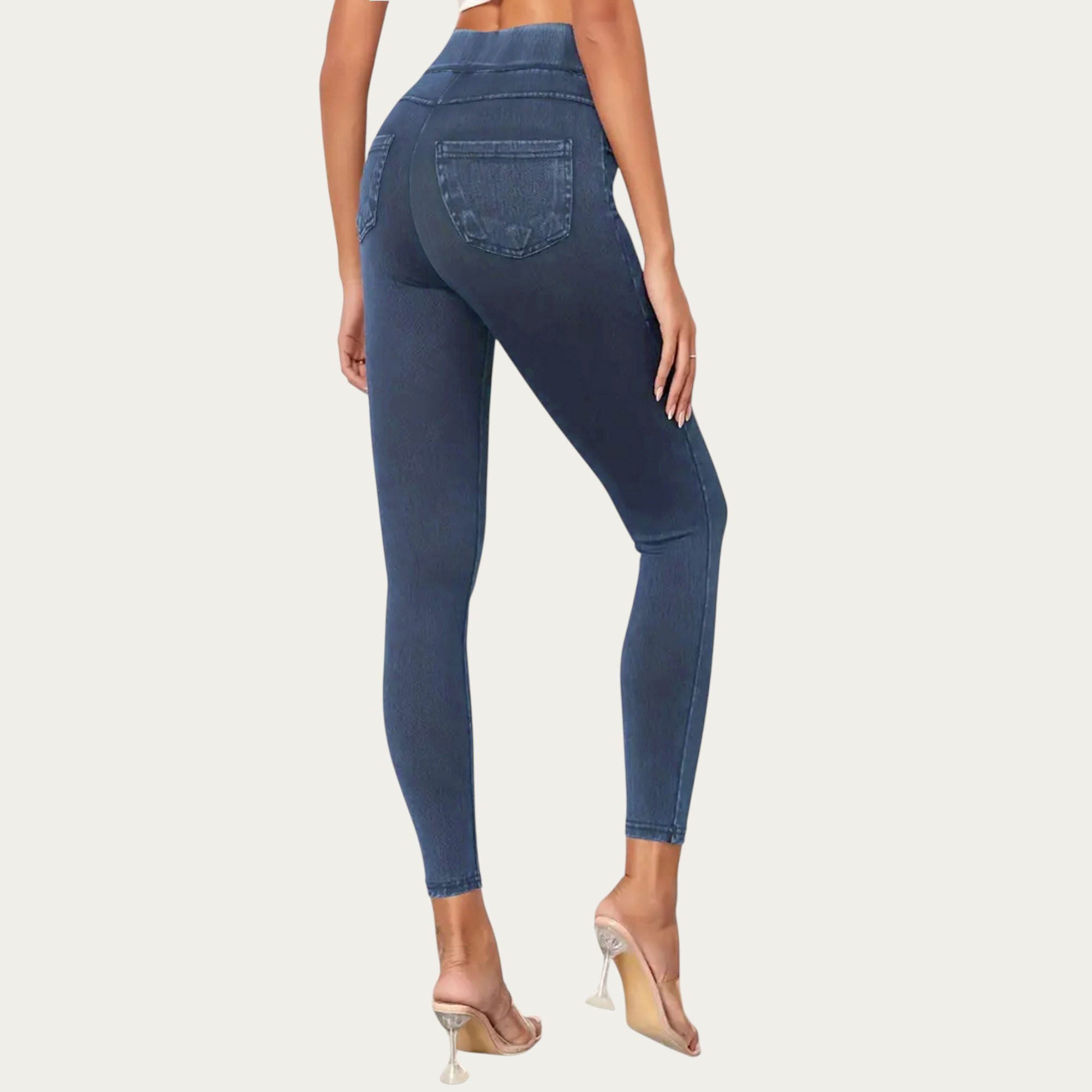 Anna-Kaci Women¡¯s High Waist Denim Look Leggings with Smooth Stretch Fabric Faux Pocket Details and Sleek Contoured Fit