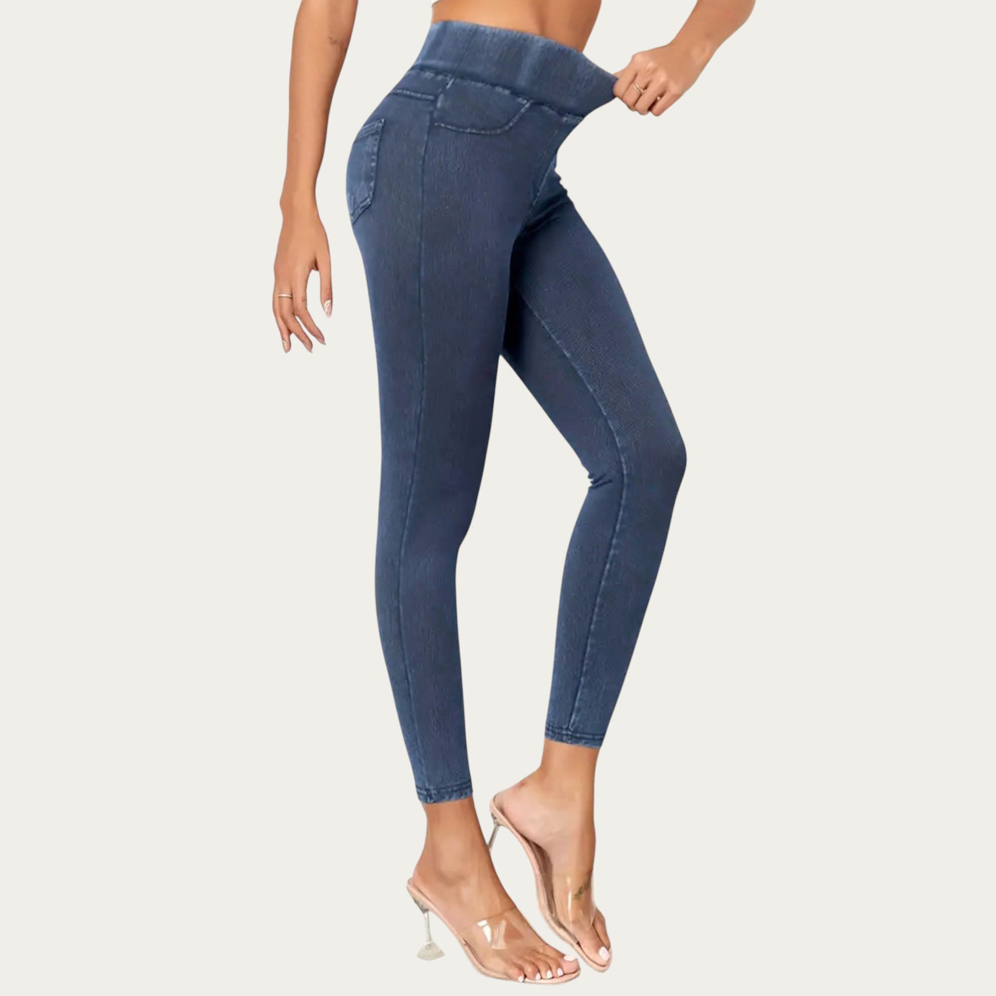Anna-Kaci Women¡¯s High Waist Denim Look Leggings with Smooth Stretch Fabric Faux Pocket Details and Sleek Contoured Fit