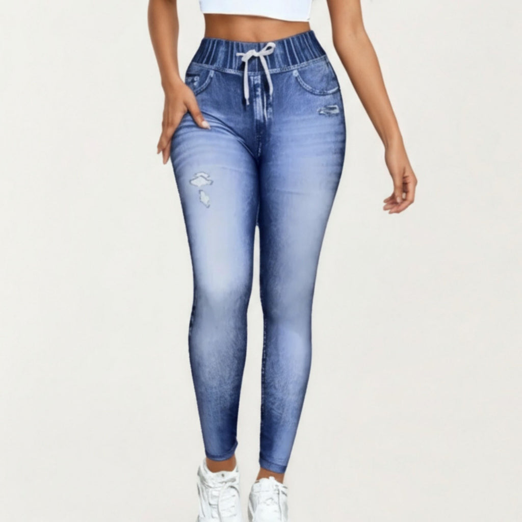 Anna-Kaci Women¡¯s High Waist Denim Print Leggings with Drawstring Waistband and Stretch Fit Design Featuring Faux Pocket