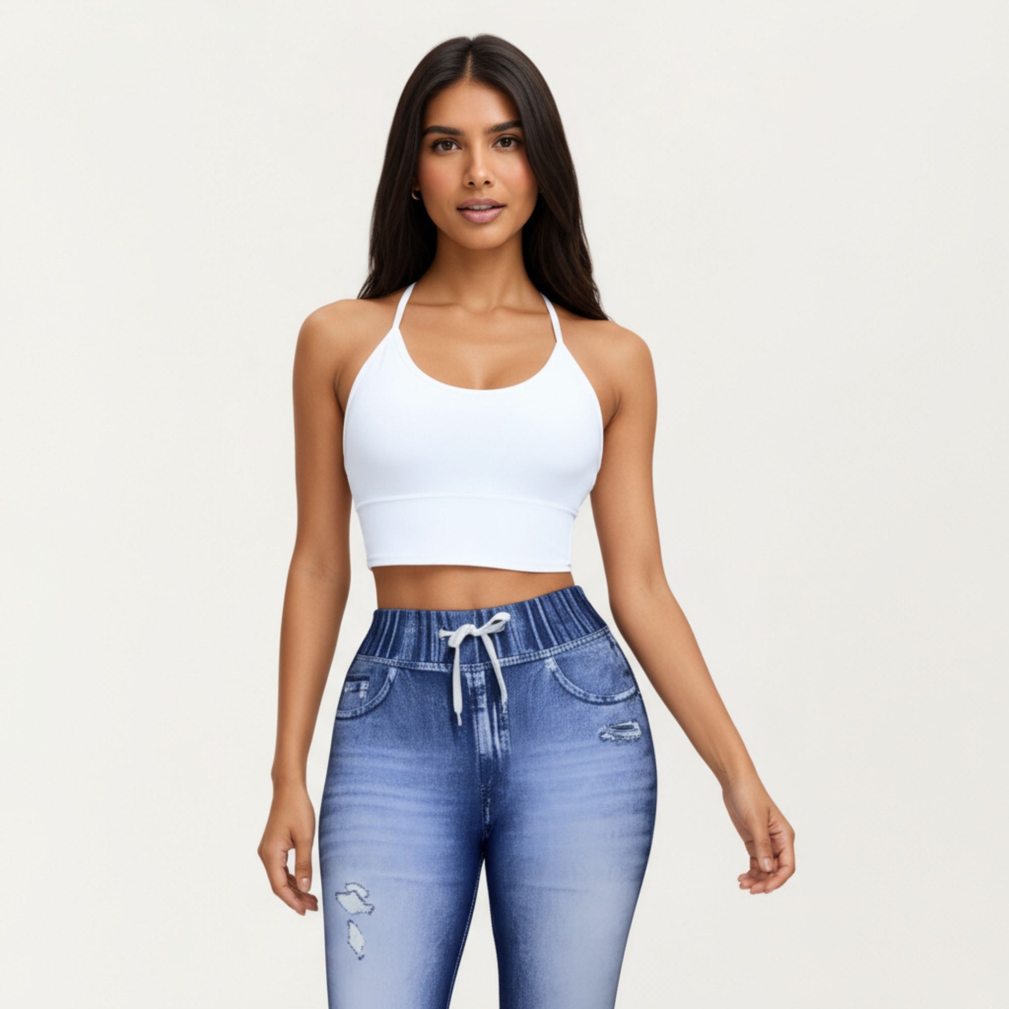 Anna-Kaci Women¡¯s High Waist Denim Print Leggings with Drawstring Waistband and Stretch Fit Design Featuring Faux Pocket
