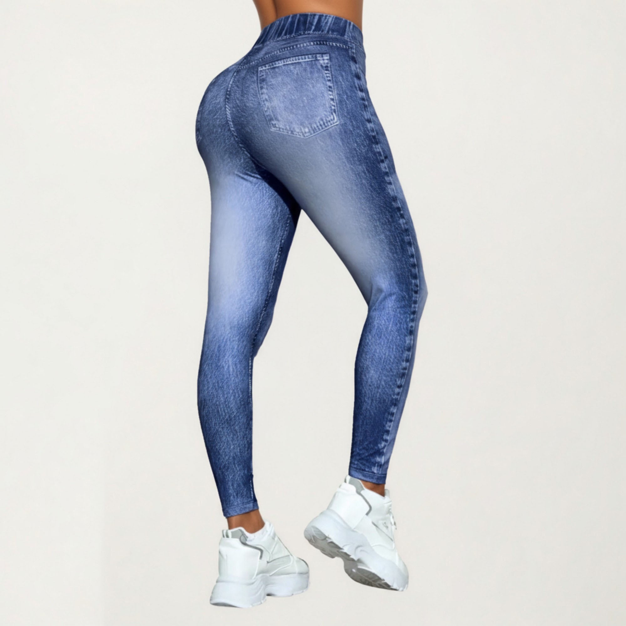 Anna-Kaci Women¡¯s High Waist Denim Print Leggings with Drawstring Waistband and Stretch Fit Design Featuring Faux Pocket