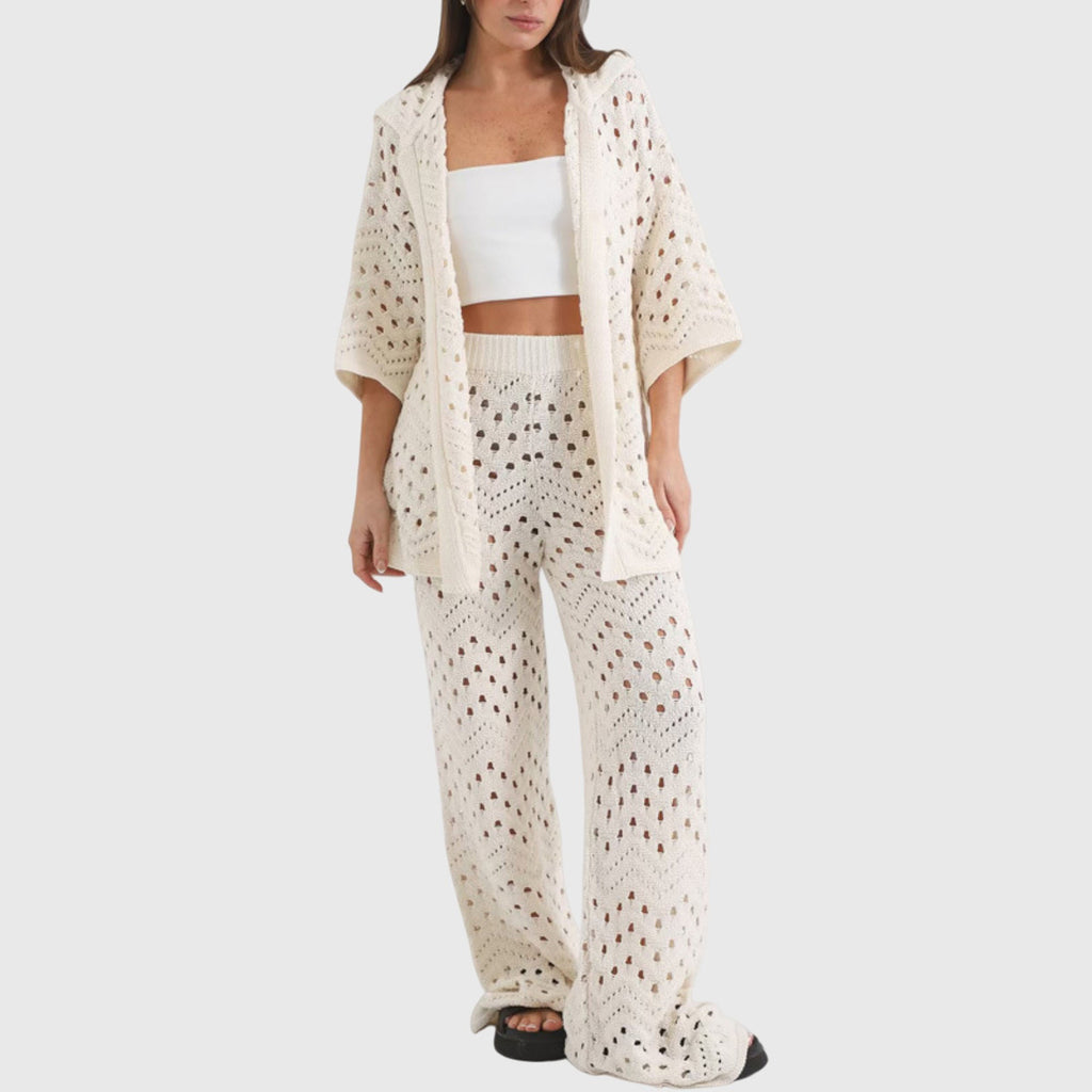 Anna-Kaci Women¡¯s Crochet Knit 2-Piece Set with Open Front Cardigan and Wide Leg Pants Featuring Soft Textured Stitching