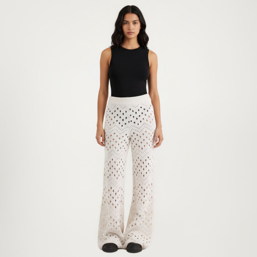 Anna-Kaci Women¡¯s Crochet Knit 2-Piece Set with Open Front Cardigan and Wide Leg Pants Featuring Soft Textured Stitching