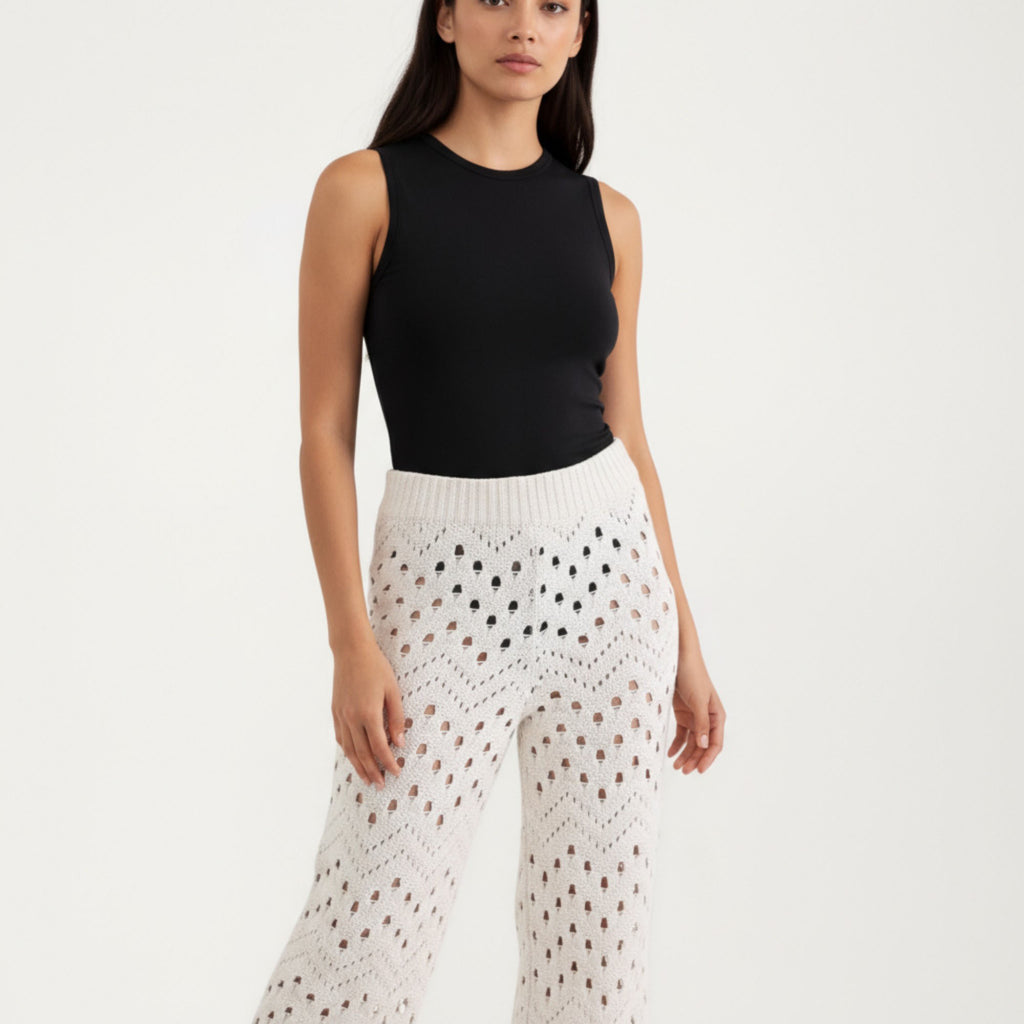 Anna-Kaci Women¡¯s Crochet Knit 2-Piece Set with Open Front Cardigan and Wide Leg Pants Featuring Soft Textured Stitching