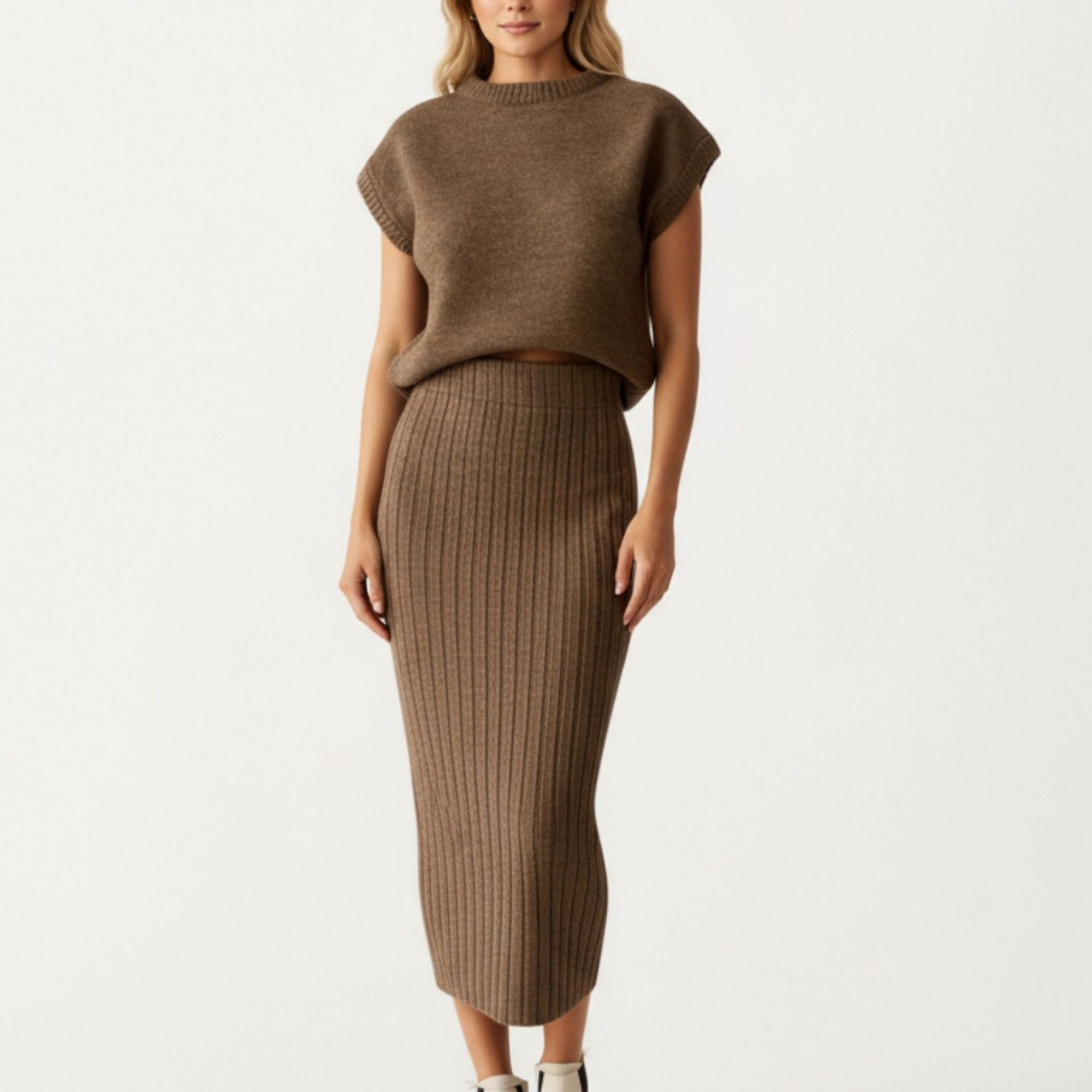 Anna-Kaci Women¡¯s Ribbed Knit Sleeveless Top and Matching High Waist Midi Skirt Set with Soft Textured Finish and Streamlined Fit