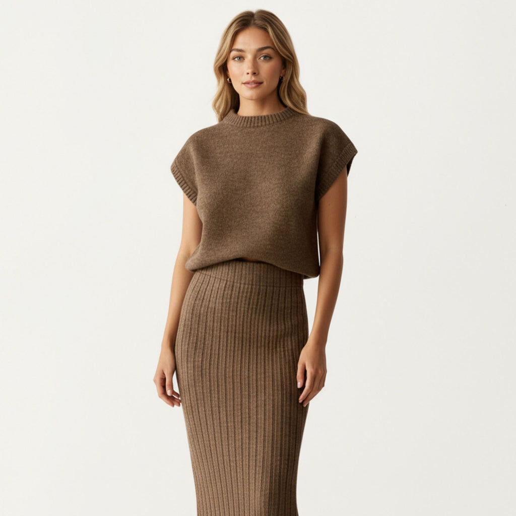 Anna-Kaci Women¡¯s Ribbed Knit Sleeveless Top and Matching High Waist Midi Skirt Set with Soft Textured Finish and Streamlined Fit