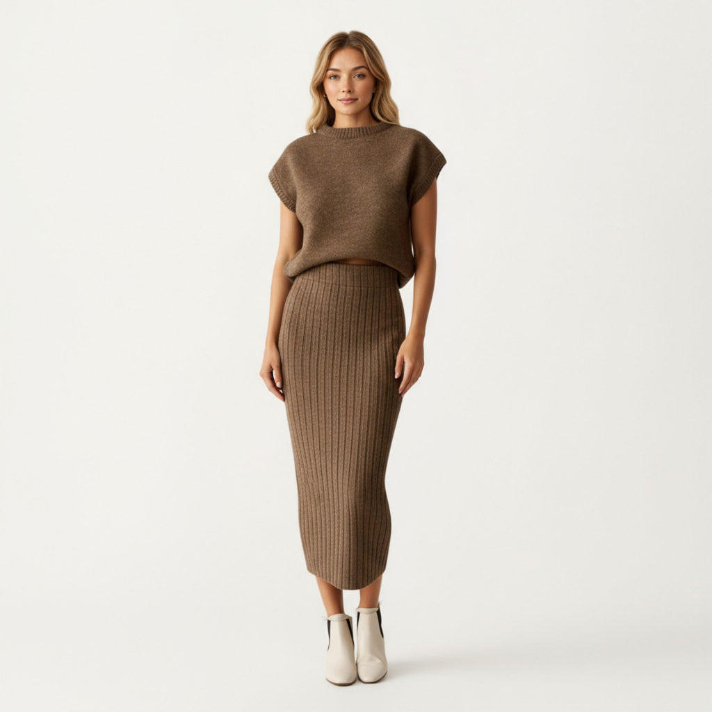 Anna-Kaci Women¡¯s Ribbed Knit Sleeveless Top and Matching High Waist Midi Skirt Set with Soft Textured Finish and Streamlined Fit