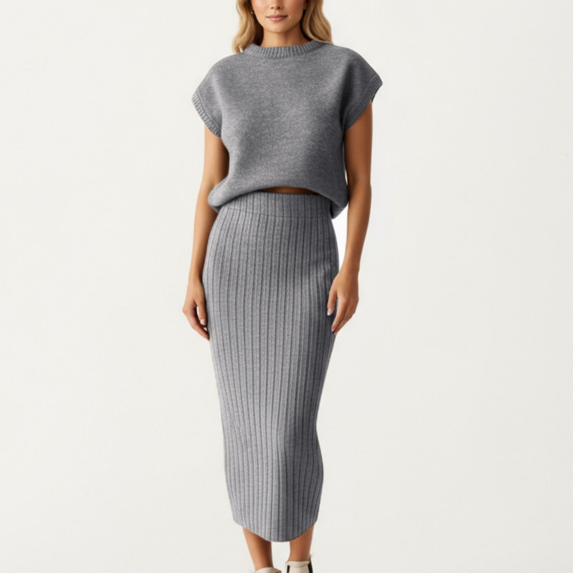 Anna-Kaci Women¡¯s Ribbed Knit Sleeveless Top and Matching High Waist Midi Skirt Set with Soft Textured Finish and Streamlined Fit