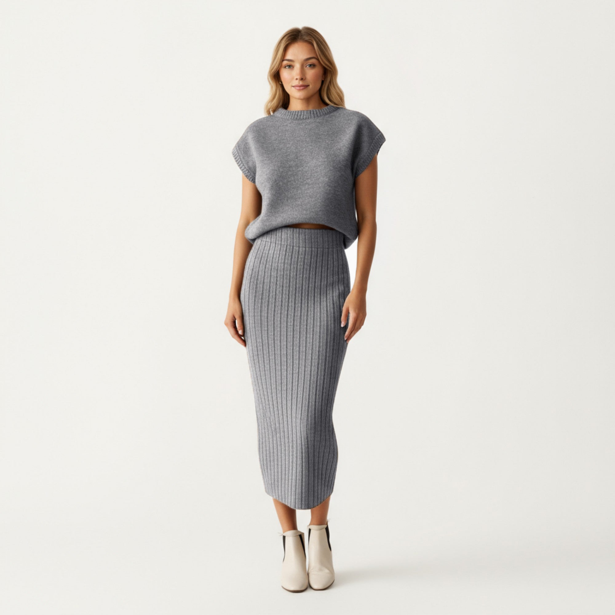 Anna-Kaci Women¡¯s Ribbed Knit Sleeveless Top and Matching High Waist Midi Skirt Set with Soft Textured Finish and Streamlined Fit