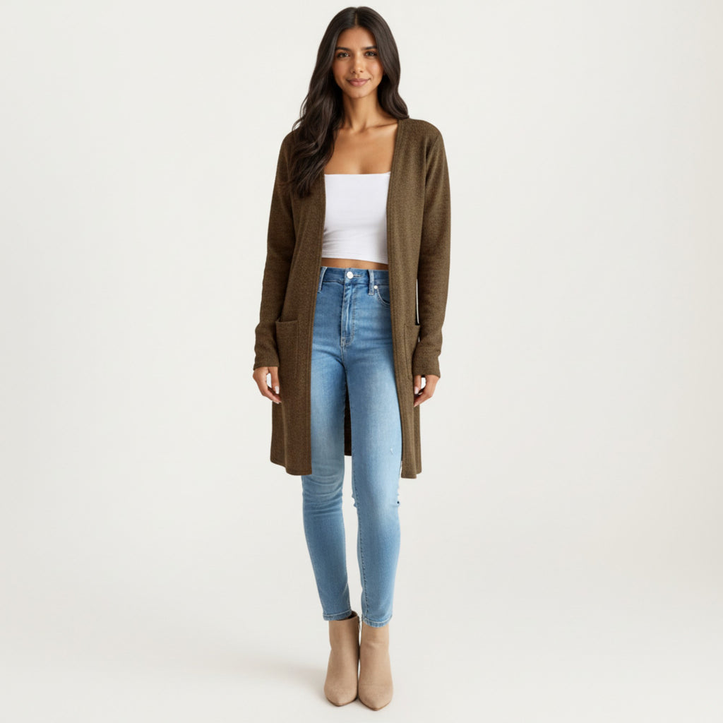 Anna-Kaci Women's Open Front Long Sleeve Knit Cardigan with Patch Pockets, Soft Stretch Fabric, and Relaxed Fit