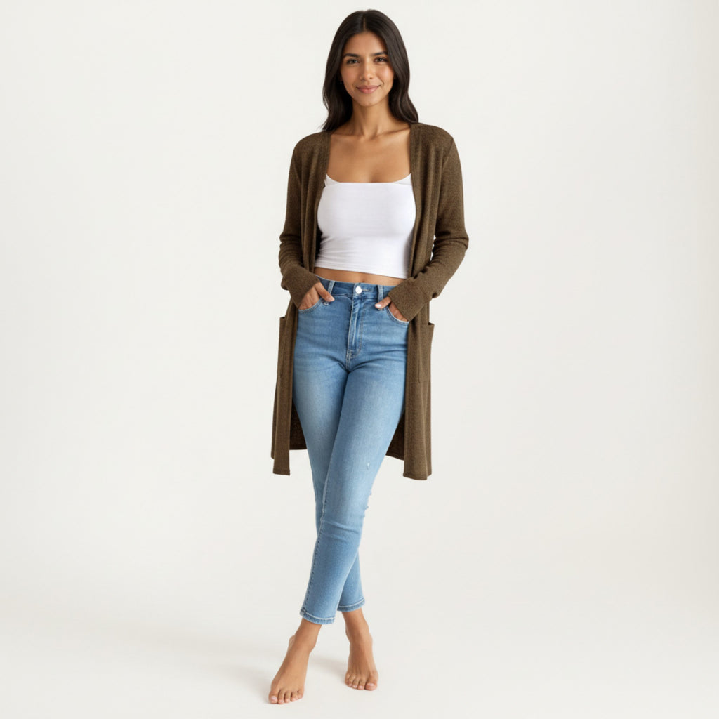 Anna-Kaci Women's Open Front Long Sleeve Knit Cardigan with Patch Pockets, Soft Stretch Fabric, and Relaxed Fit
