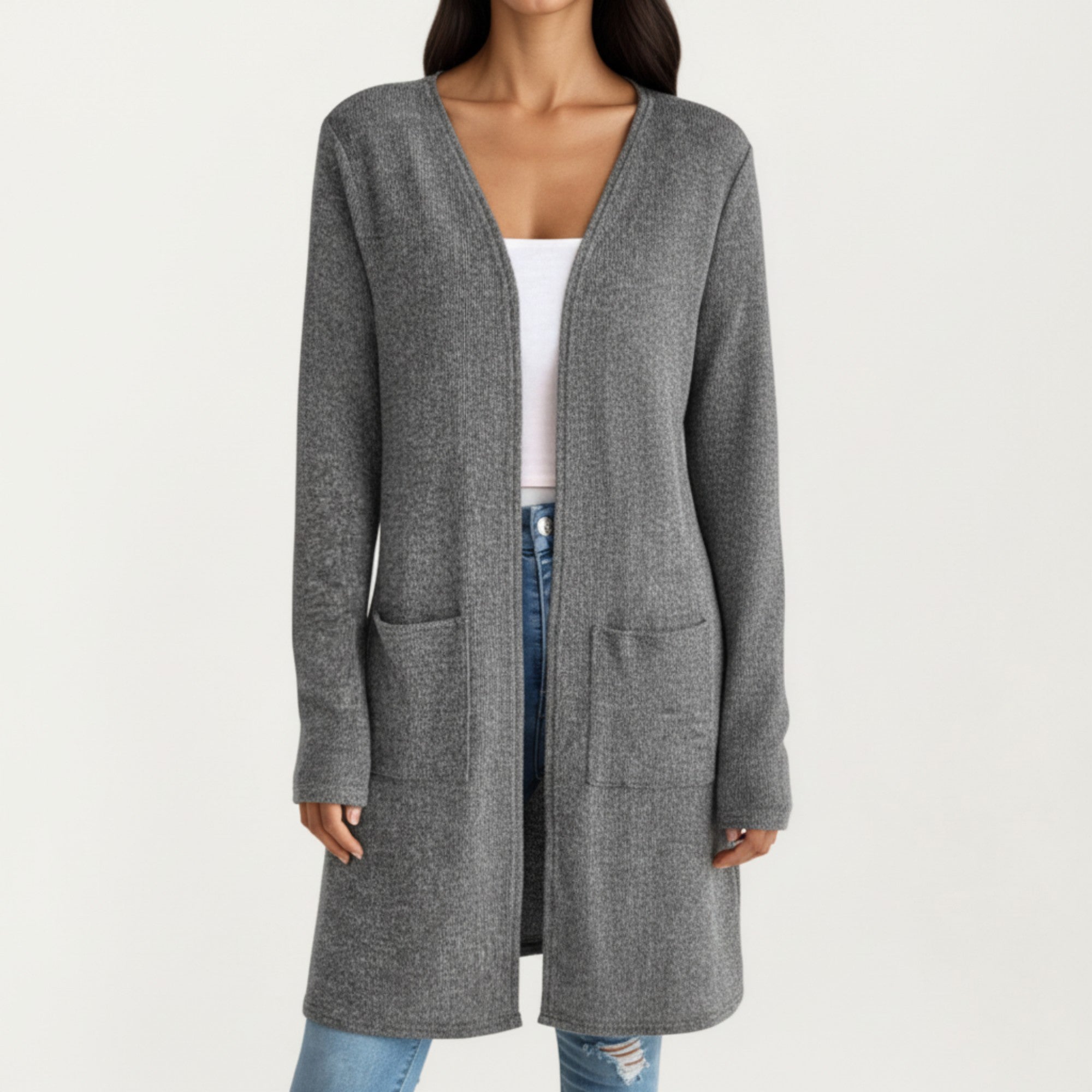 Anna-Kaci Women's Open Front Long Sleeve Knit Cardigan with Patch Pockets, Soft Stretch Fabric, and Relaxed Fit