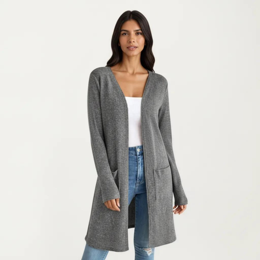 Anna-Kaci Women's Open Front Long Sleeve Knit Cardigan with Patch Pockets, Soft Stretch Fabric, and Relaxed Fit