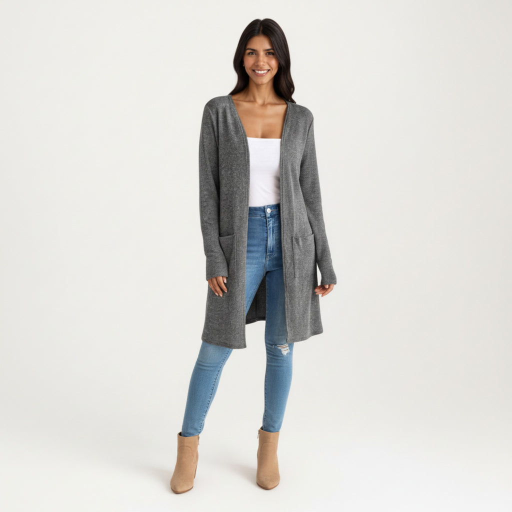 Anna-Kaci Women's Open Front Long Sleeve Knit Cardigan with Patch Pockets, Soft Stretch Fabric, and Relaxed Fit