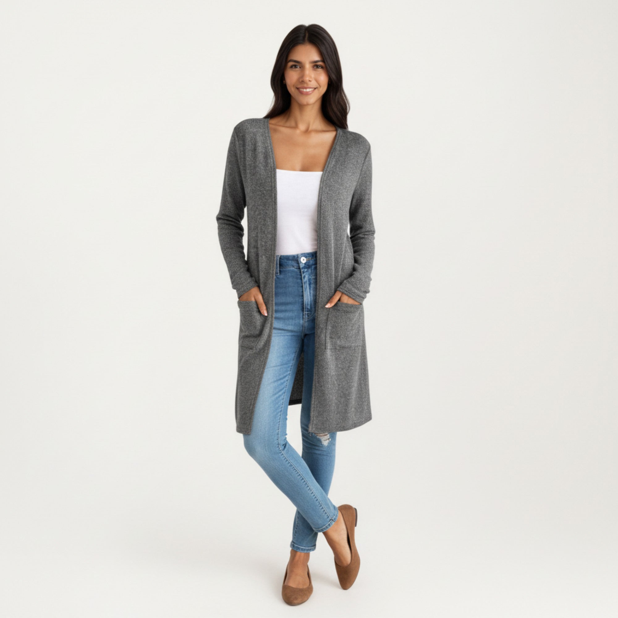 Anna-Kaci Women's Open Front Long Sleeve Knit Cardigan with Patch Pockets, Soft Stretch Fabric, and Relaxed Fit