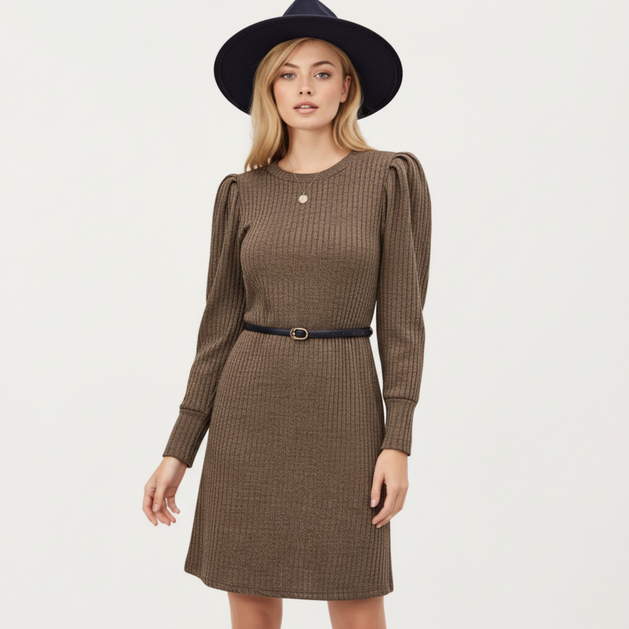 Anna-Kaci Women's Long Sleeve Ribbed Knit Dress with Puff Shoulders, Crew Neckline, and Soft Stretch Fit