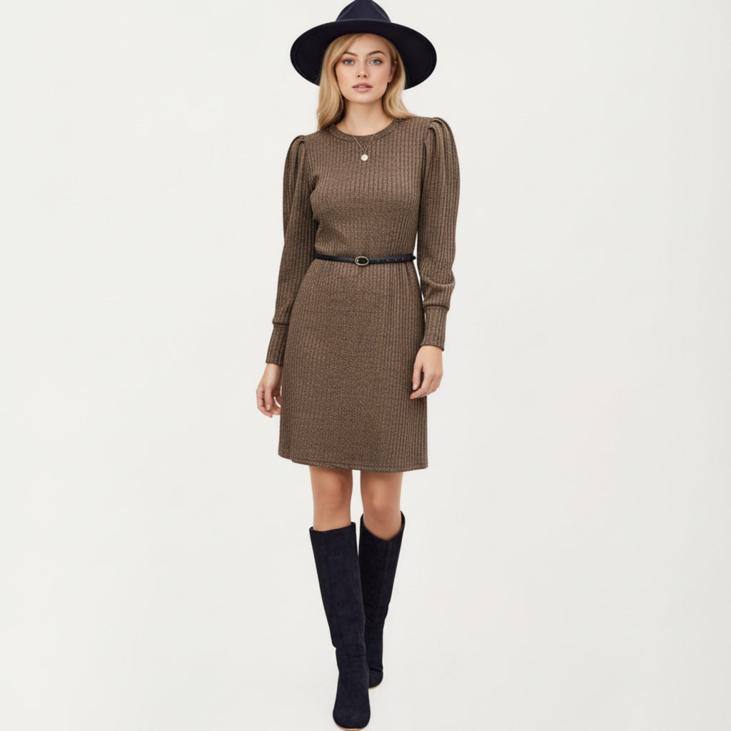Anna-Kaci Women's Long Sleeve Ribbed Knit Dress with Puff Shoulders, Crew Neckline, and Soft Stretch Fit