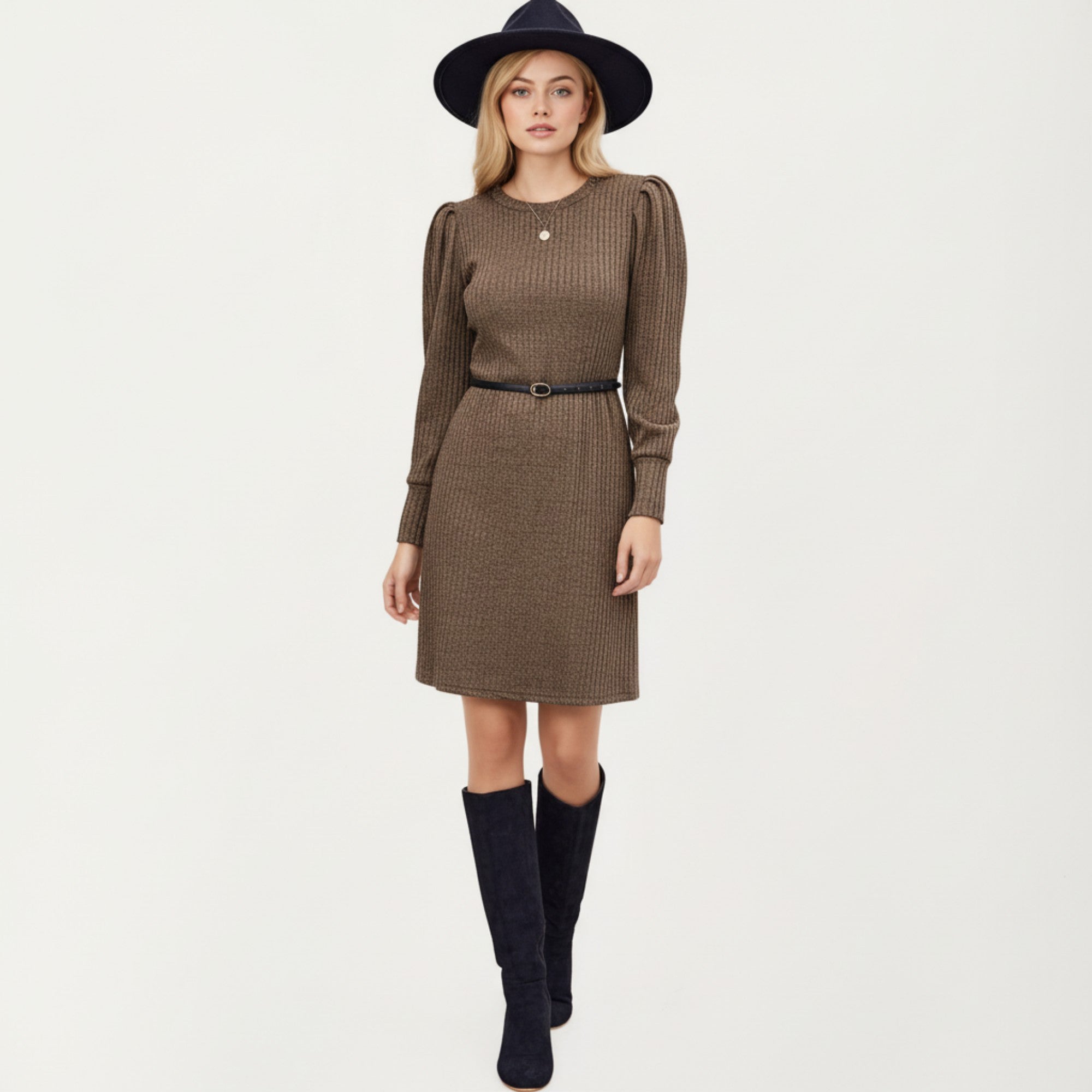 Anna-Kaci Women's Long Sleeve Ribbed Knit Dress with Puff Shoulders, Crew Neckline, and Soft Stretch Fit