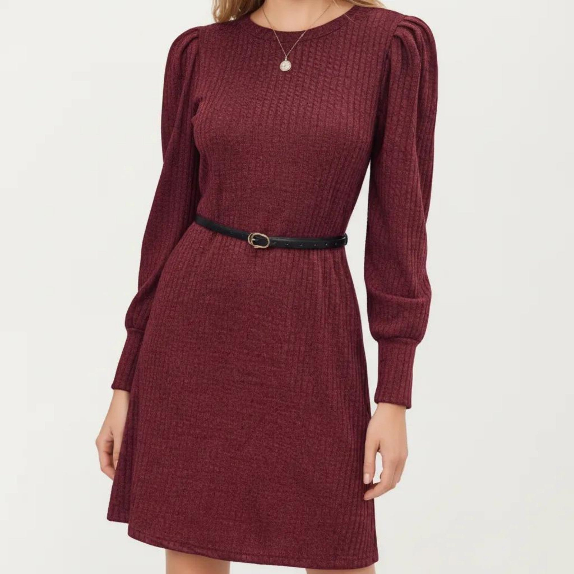 Anna-Kaci Women's Long Sleeve Ribbed Knit Dress with Puff Shoulders, Crew Neckline, and Soft Stretch Fit