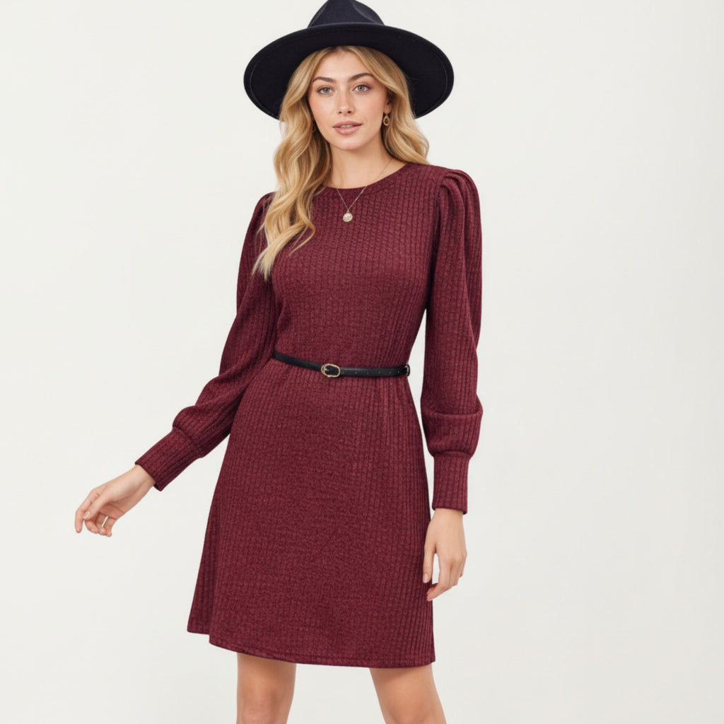 Anna-Kaci Women's Long Sleeve Ribbed Knit Dress with Puff Shoulders, Crew Neckline, and Soft Stretch Fit