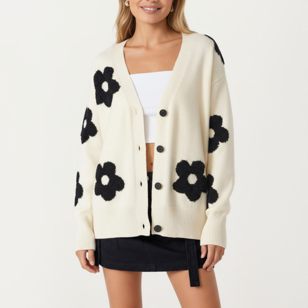 Anna-Kaci Women¡¯s Soft Knit Button Front Cardigan with Oversized Floral Pattern Drop Shoulder Fit and Ribbed Hemline Detailing