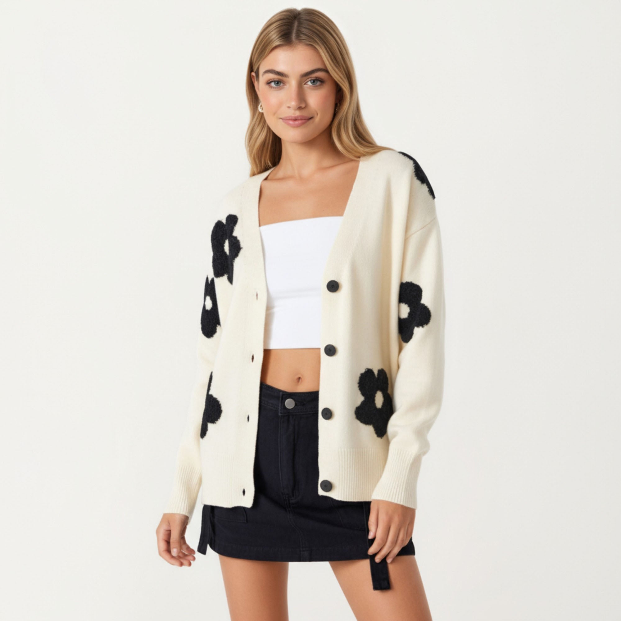 Anna-Kaci Women¡¯s Soft Knit Button Front Cardigan with Oversized Floral Pattern Drop Shoulder Fit and Ribbed Hemline Detailing
