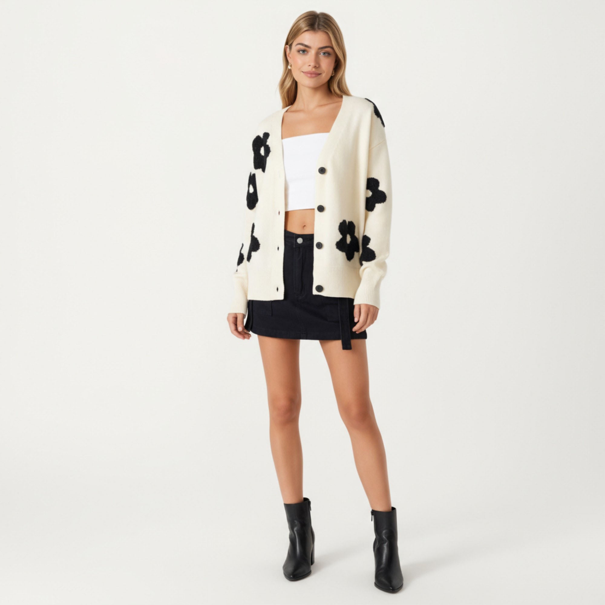 Anna-Kaci Women¡¯s Soft Knit Button Front Cardigan with Oversized Floral Pattern Drop Shoulder Fit and Ribbed Hemline Detailing
