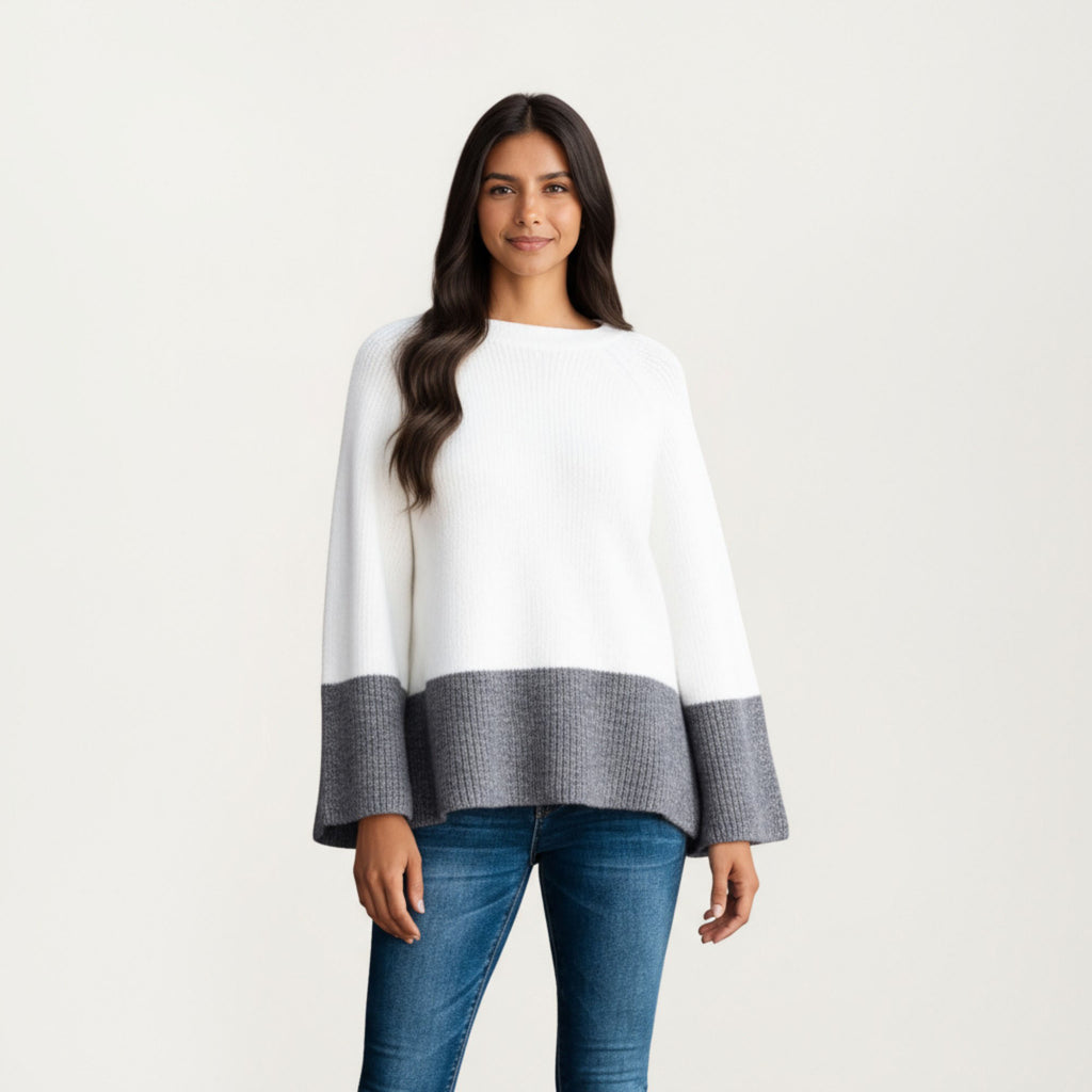Anna-Kaci Women¡¯s Cozy Rib Knit Sweater Top with Wide Flared Sleeves Soft Two-Tone Panel Design and Relaxed Flowing Silhouette