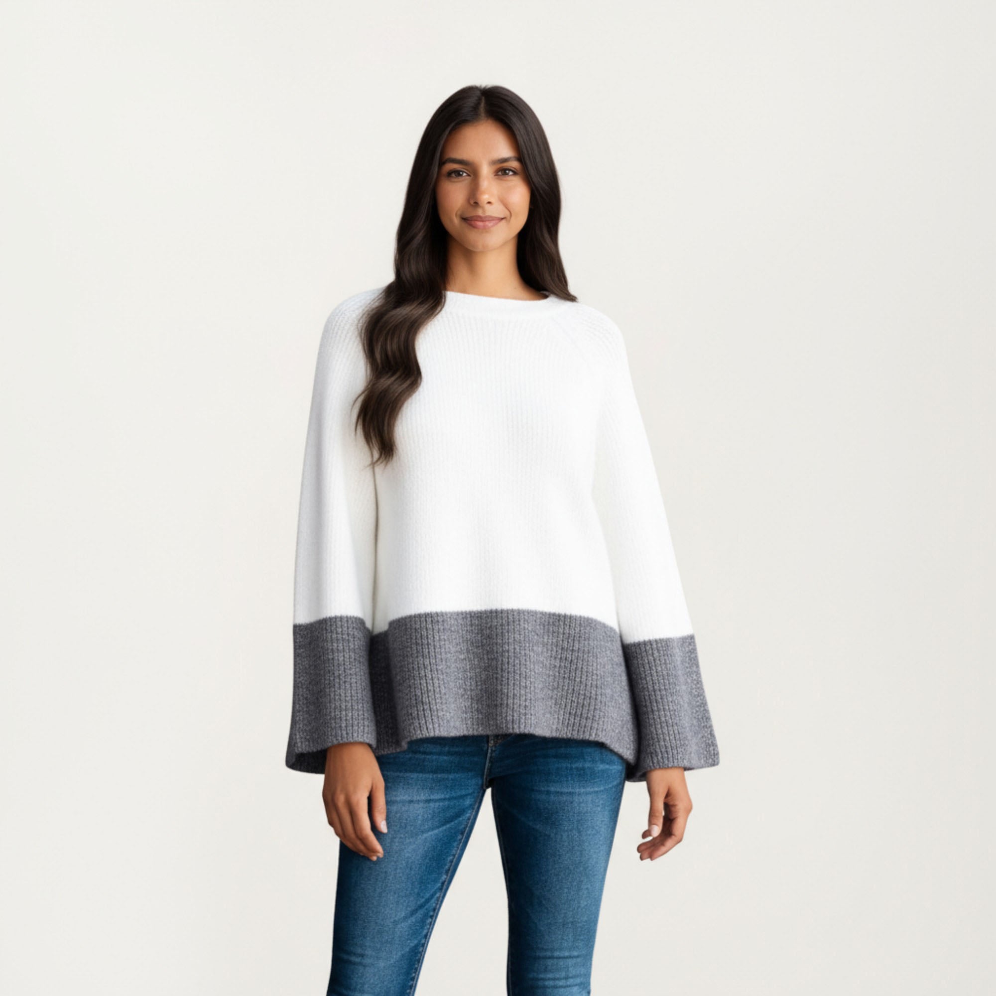 Anna-Kaci Women¡¯s Cozy Rib Knit Sweater Top with Wide Flared Sleeves Soft Two-Tone Panel Design and Relaxed Flowing Silhouette