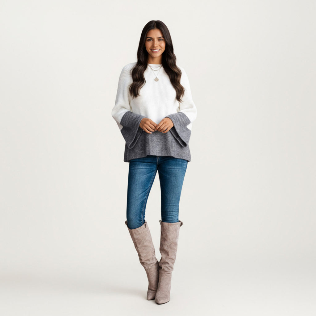Anna-Kaci Women¡¯s Cozy Rib Knit Sweater Top with Wide Flared Sleeves Soft Two-Tone Panel Design and Relaxed Flowing Silhouette