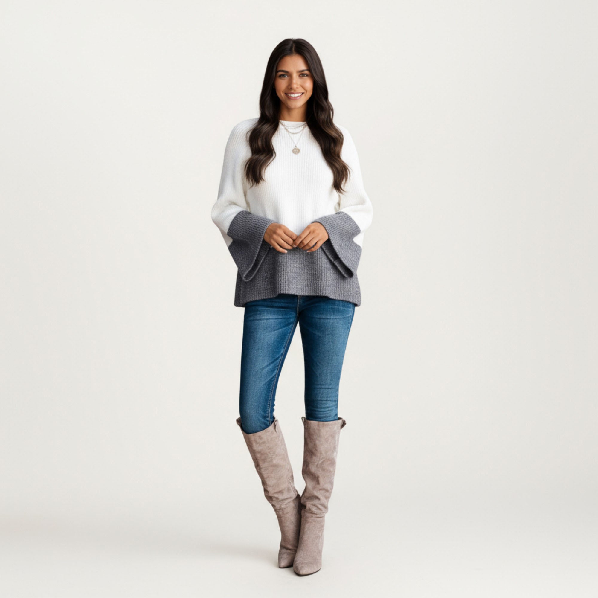 Anna-Kaci Women¡¯s Cozy Rib Knit Sweater Top with Wide Flared Sleeves Soft Two-Tone Panel Design and Relaxed Flowing Silhouette