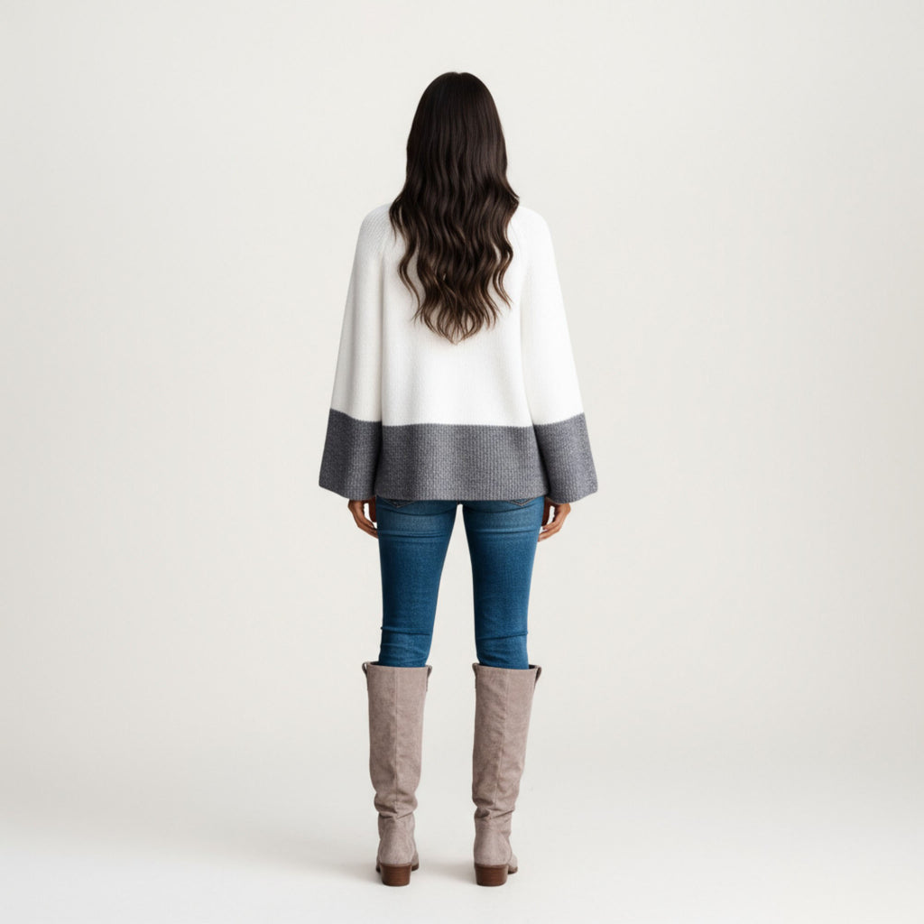 Anna-Kaci Women¡¯s Cozy Rib Knit Sweater Top with Wide Flared Sleeves Soft Two-Tone Panel Design and Relaxed Flowing Silhouette