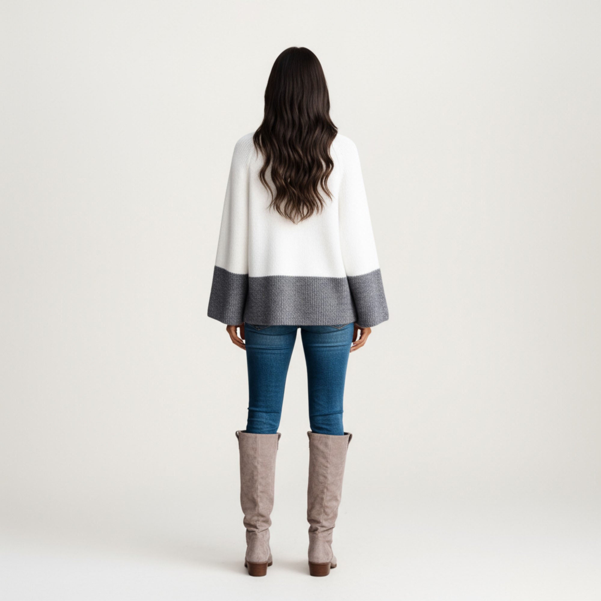 Anna-Kaci Women¡¯s Cozy Rib Knit Sweater Top with Wide Flared Sleeves Soft Two-Tone Panel Design and Relaxed Flowing Silhouette