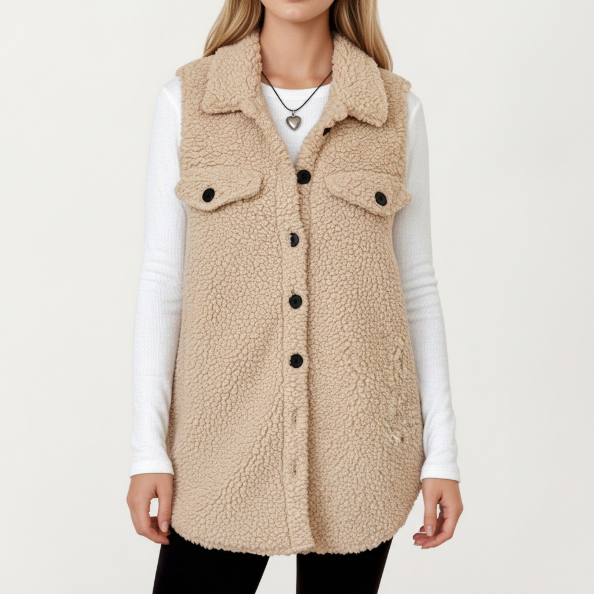 Anna-Kaci Women's Faux Shearling Button Front Vest with Collared Neckline, Chest Flap Pockets, and Longline Fit