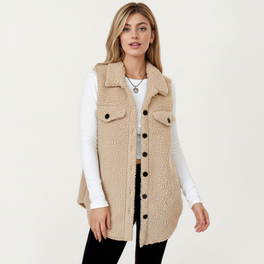 Anna-Kaci Women's Faux Shearling Button Front Vest with Collared Neckline, Chest Flap Pockets, and Longline Fit