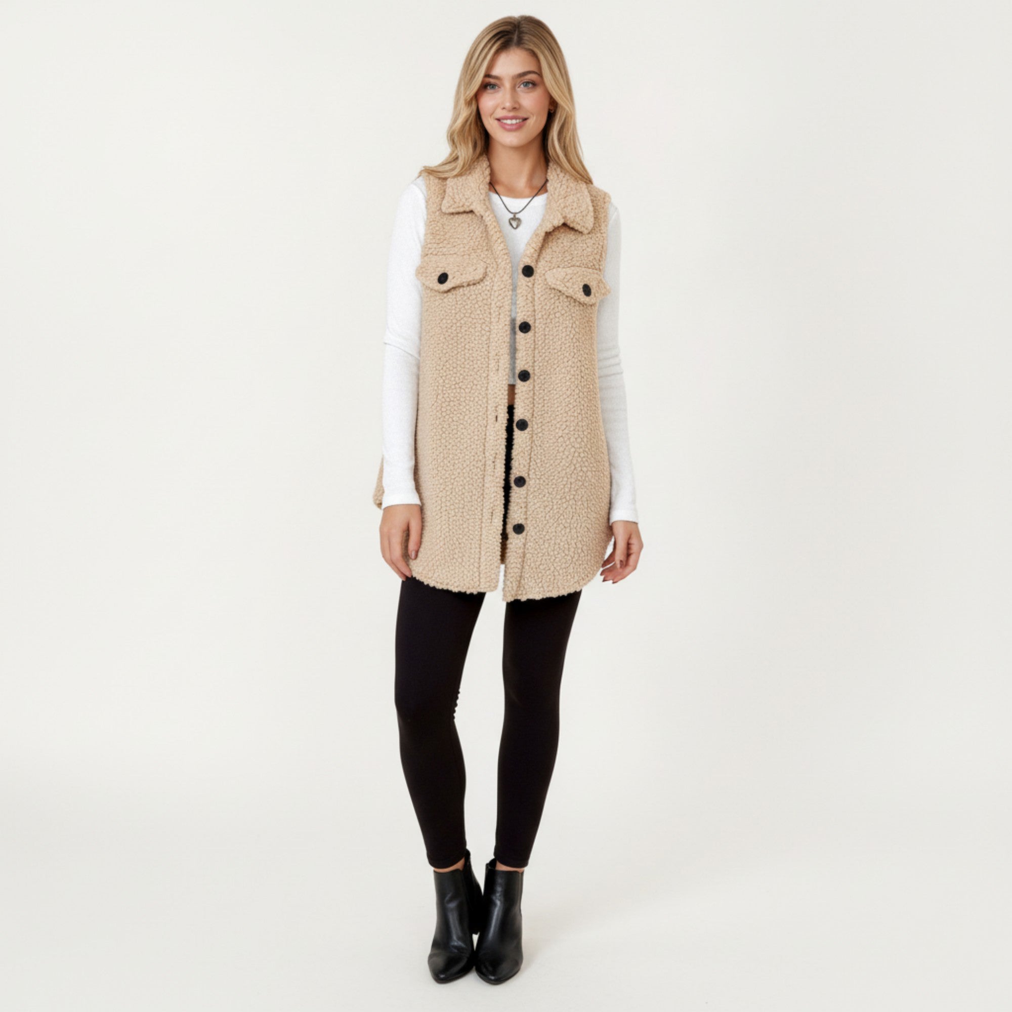 Anna-Kaci Women's Faux Shearling Button Front Vest with Collared Neckline, Chest Flap Pockets, and Longline Fit