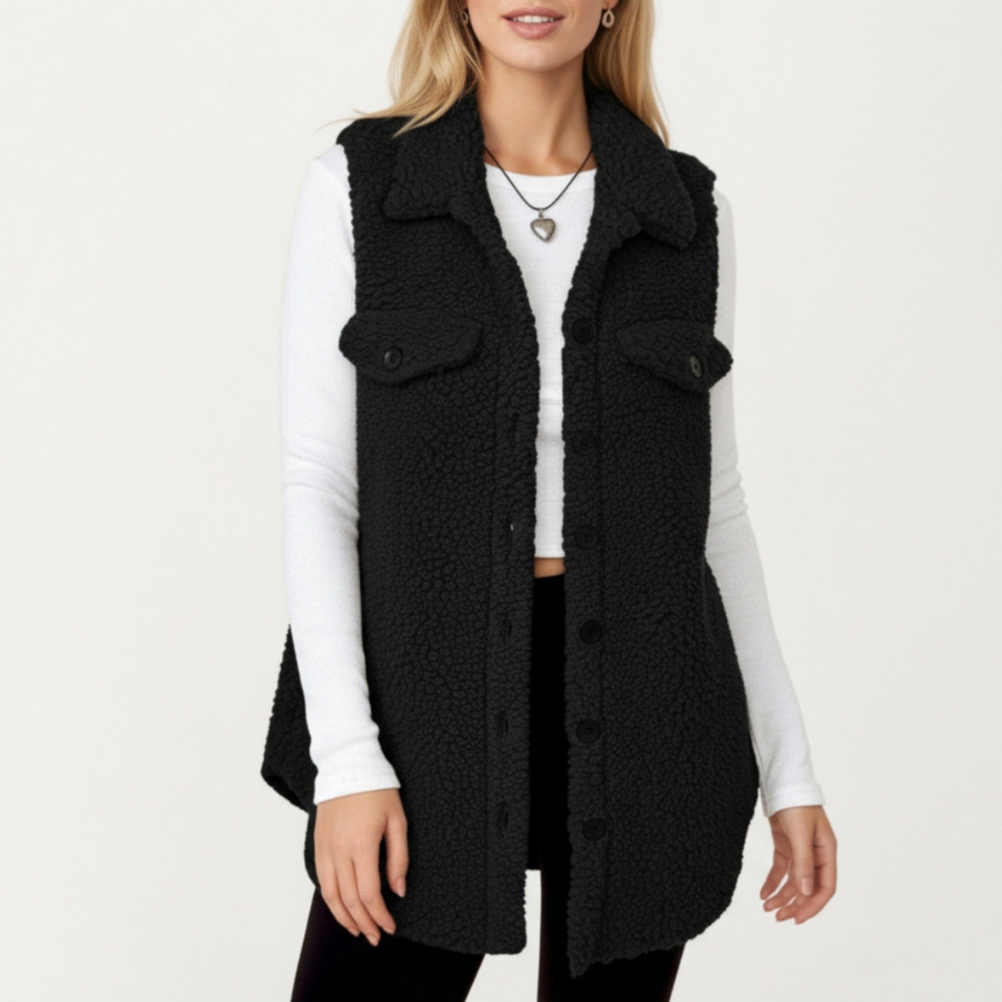 Anna-Kaci Women's Faux Shearling Button Front Vest with Collared Neckline, Chest Flap Pockets, and Longline Fit