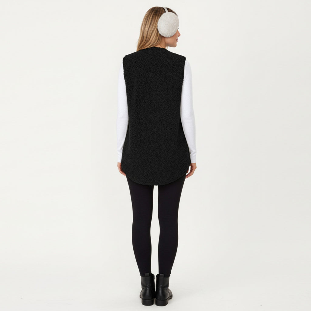 Anna-Kaci Women's Faux Shearling Button Front Vest with Collared Neckline, Chest Flap Pockets, and Longline Fit
