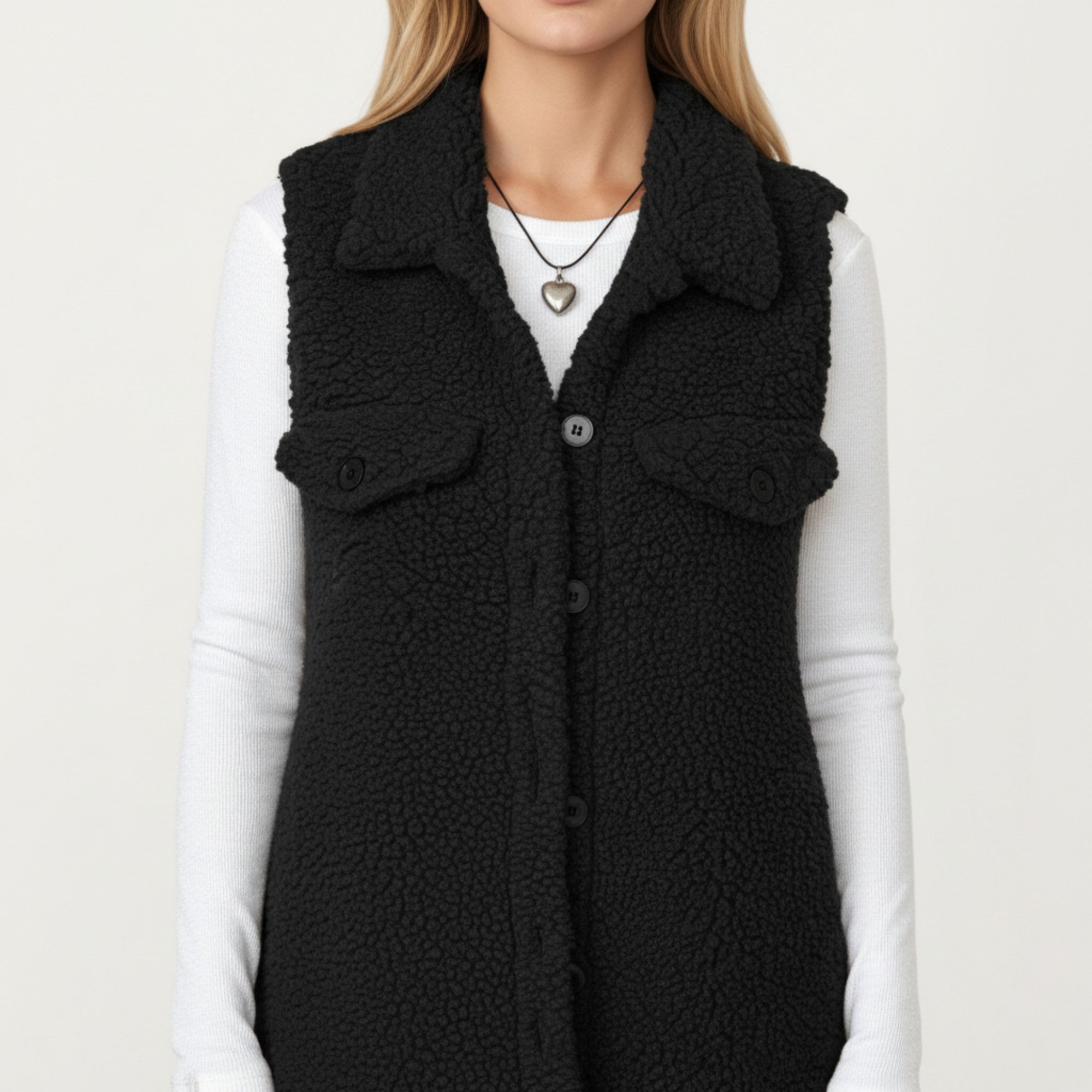 Anna-Kaci Women's Faux Shearling Button Front Vest with Collared Neckline, Chest Flap Pockets, and Longline Fit