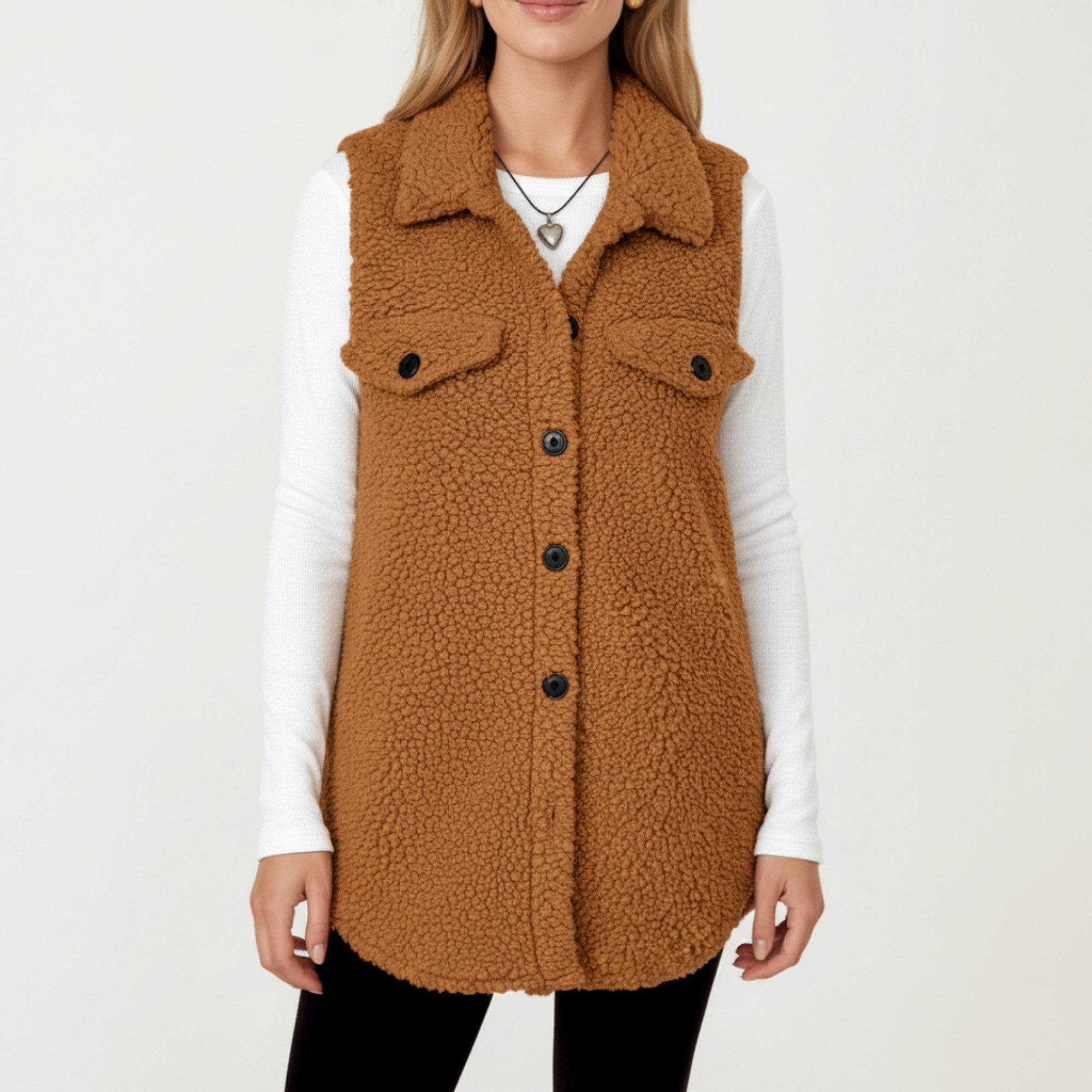 Anna-Kaci Women's Faux Shearling Button Front Vest with Collared Neckline, Chest Flap Pockets, and Longline Fit