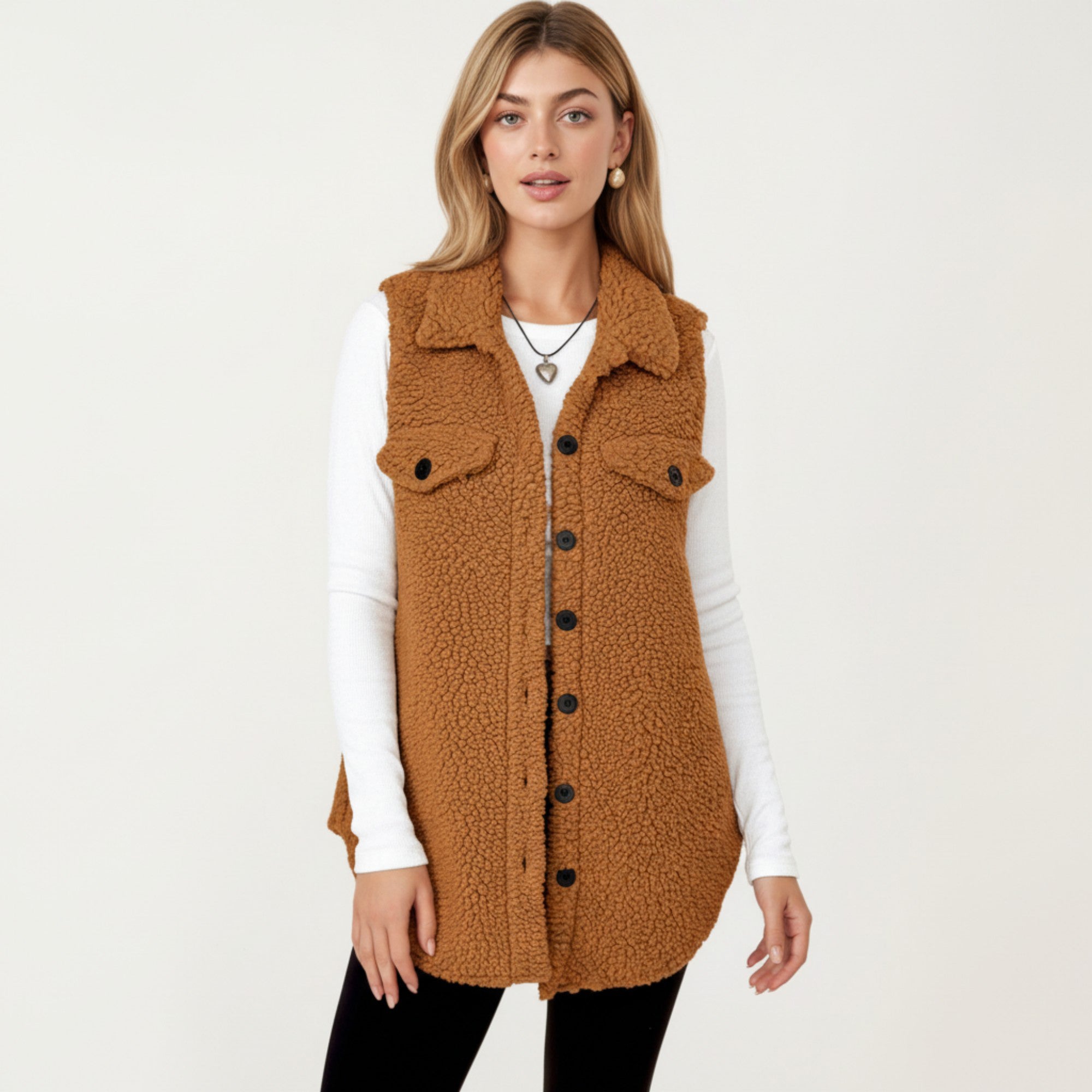 Anna-Kaci Women's Faux Shearling Button Front Vest with Collared Neckline, Chest Flap Pockets, and Longline Fit