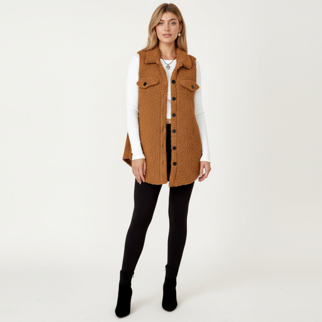 Anna-Kaci Women's Faux Shearling Button Front Vest with Collared Neckline, Chest Flap Pockets, and Longline Fit