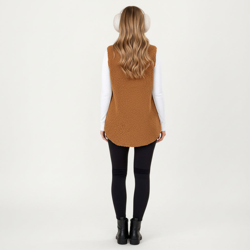 Anna-Kaci Women's Faux Shearling Button Front Vest with Collared Neckline, Chest Flap Pockets, and Longline Fit