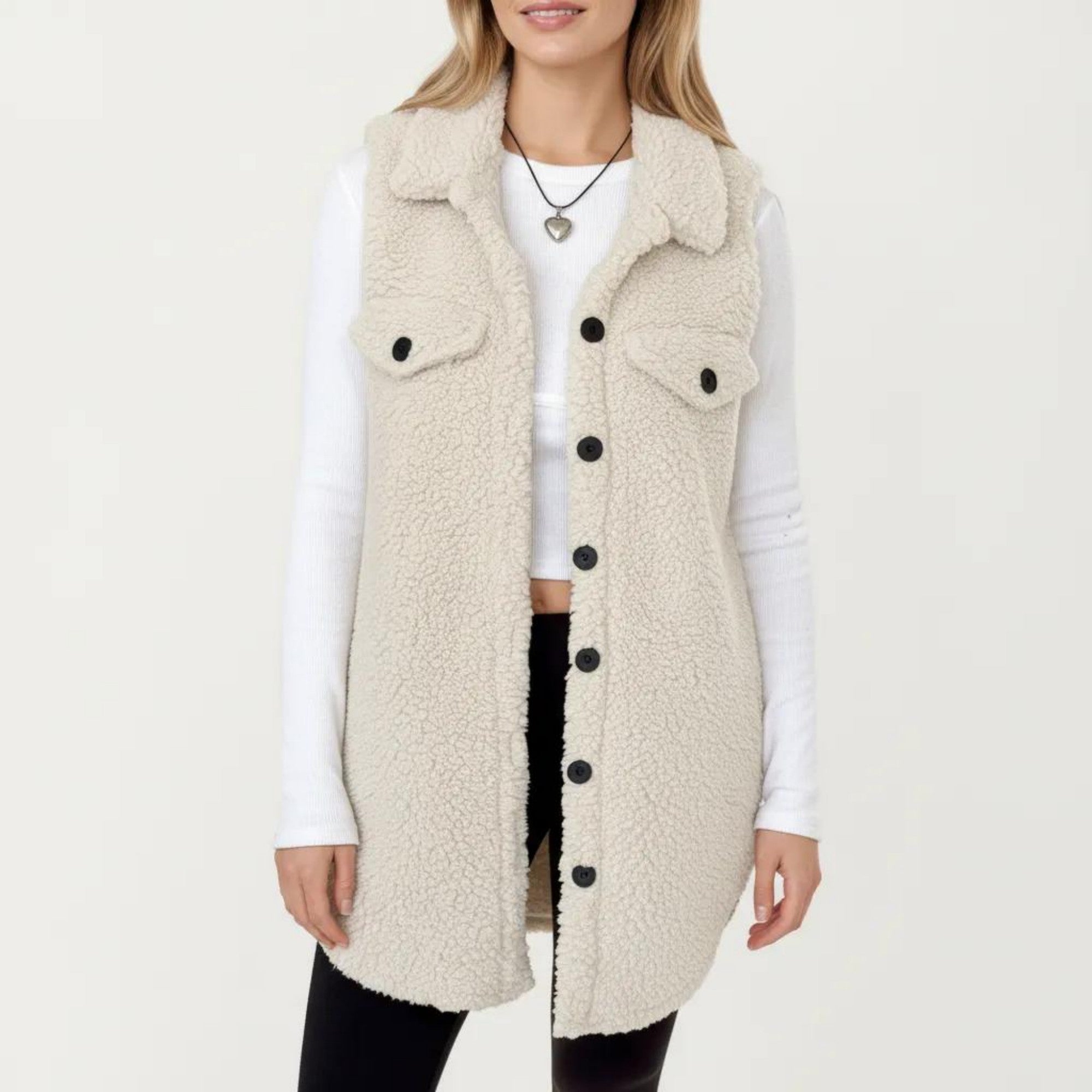 Anna-Kaci Women's Faux Shearling Button Front Vest with Collared Neckline, Chest Flap Pockets, and Longline Fit