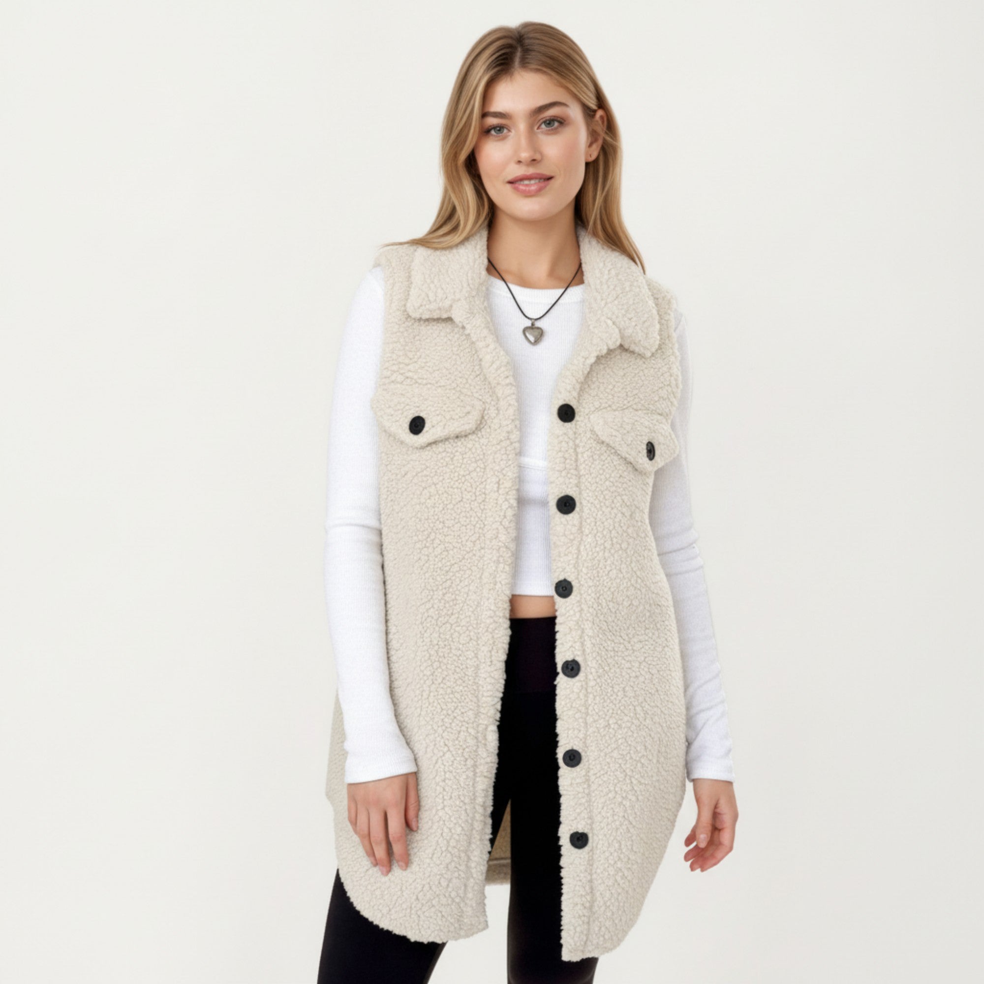 Anna-Kaci Women's Faux Shearling Button Front Vest with Collared Neckline, Chest Flap Pockets, and Longline Fit