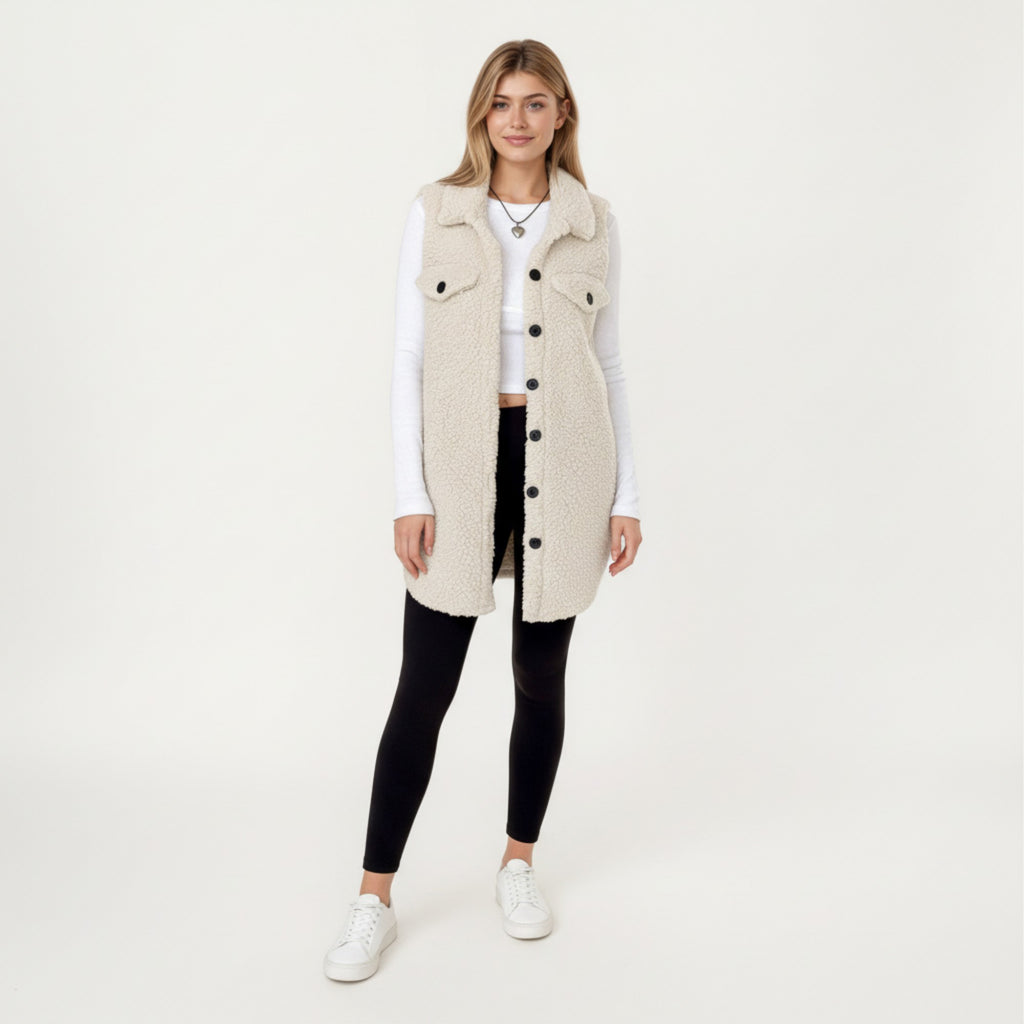 Anna-Kaci Women's Faux Shearling Button Front Vest with Collared Neckline, Chest Flap Pockets, and Longline Fit