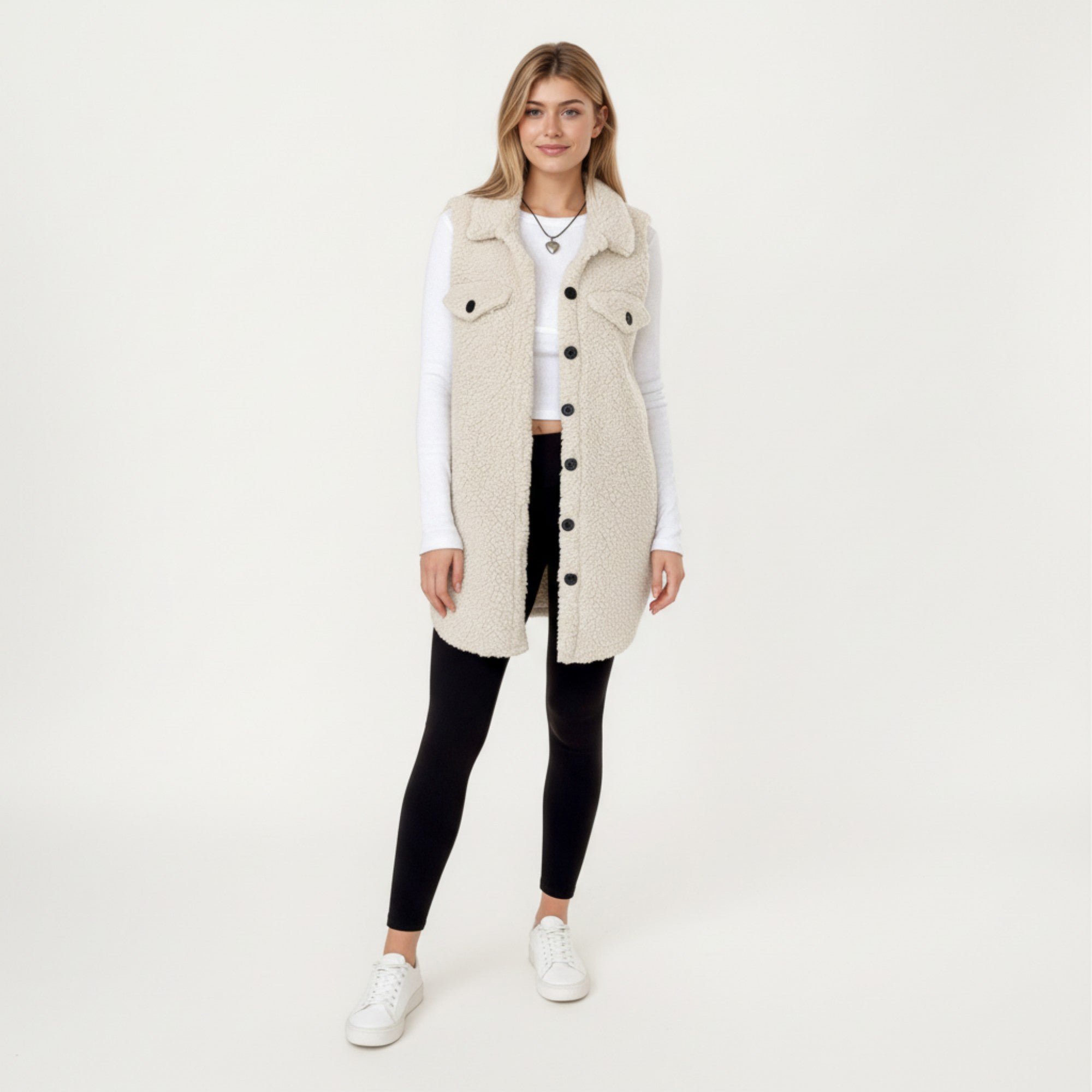 Anna-Kaci Women's Faux Shearling Button Front Vest with Collared Neckline, Chest Flap Pockets, and Longline Fit